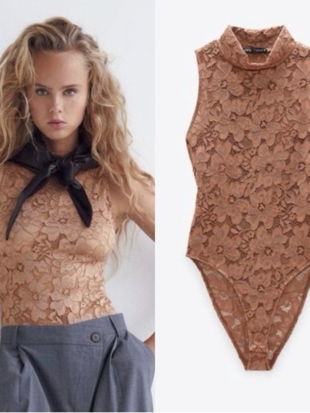 Zara Sleeveless Floral Lace Mock-Neck Bodysuit in Tan